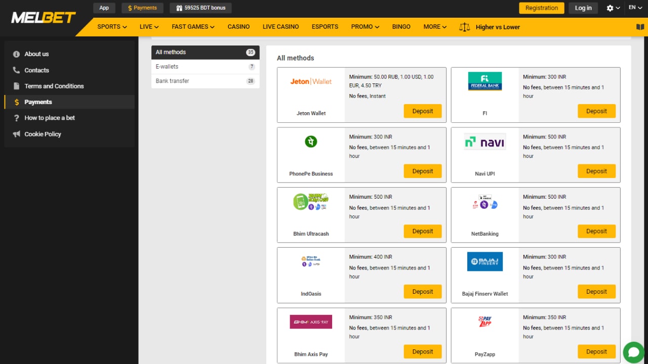 Melbet payment methods