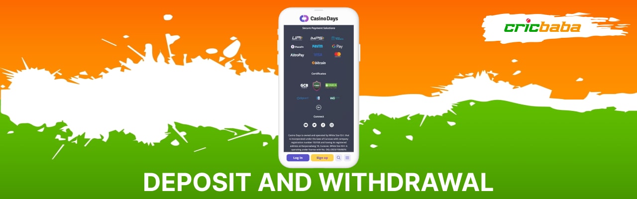 Deposit and withdrawal methods in casino days app